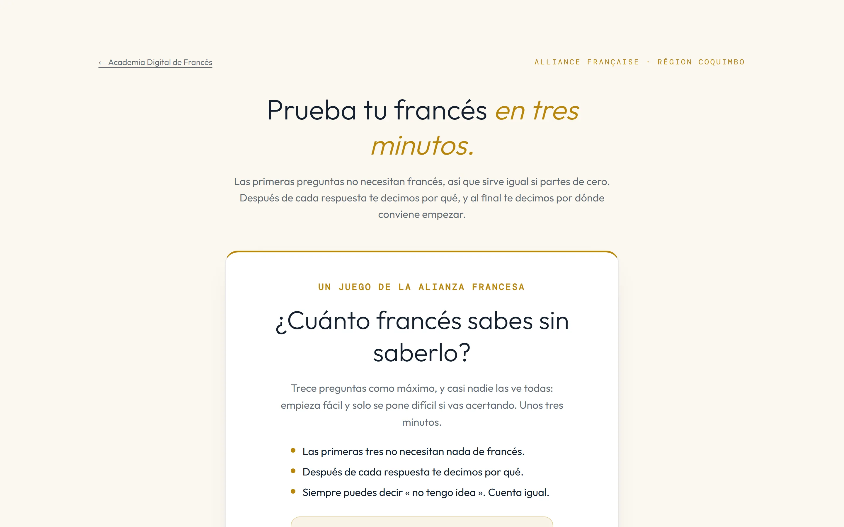 Test de nivel de iafrances.cl: prueba tu francés en tres minutos, con trece preguntas como máximo que empiezan fácil