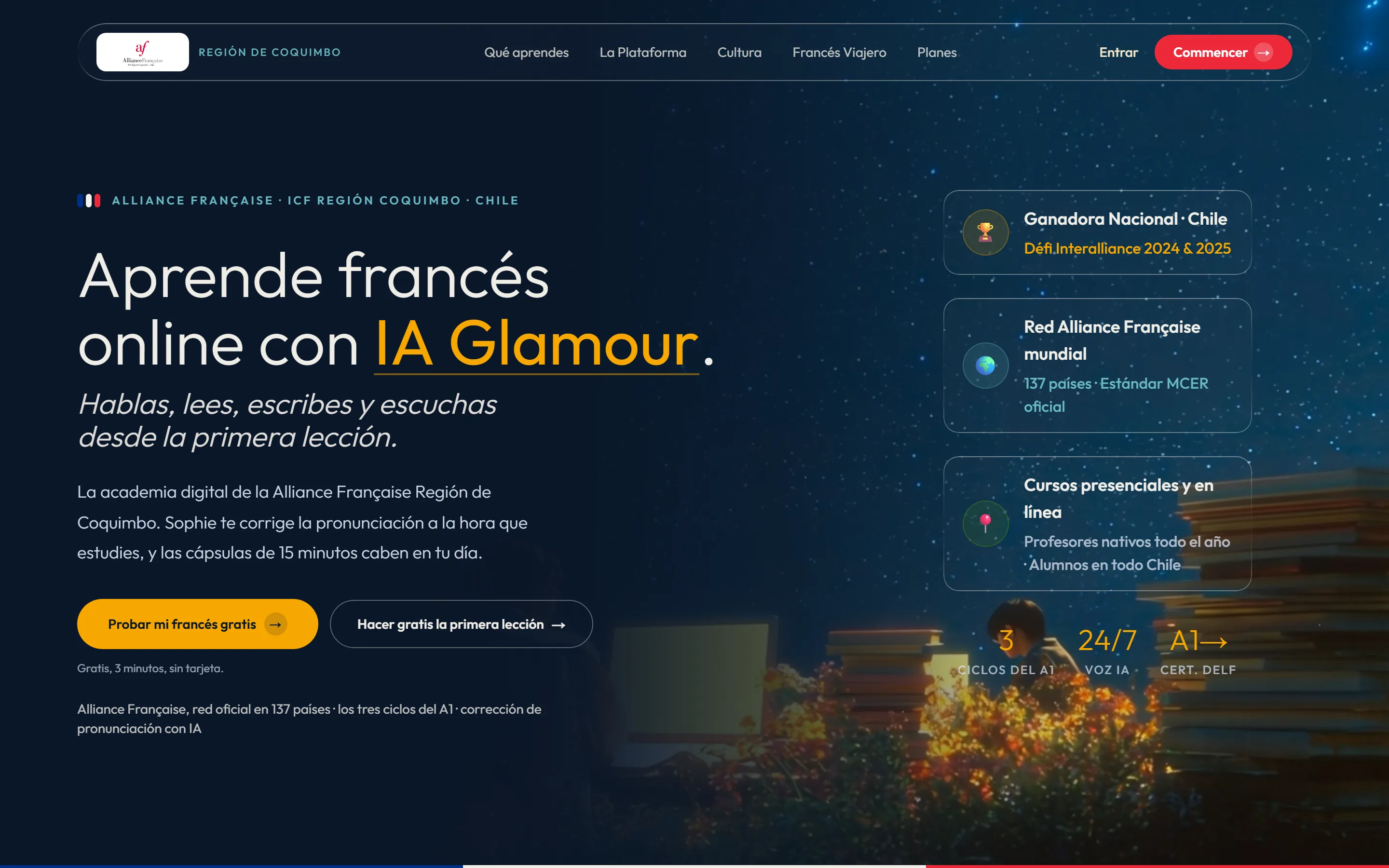 Portada de iafrances.cl: la academia de francés en línea de la Alliance Française Región de Coquimbo, con el test gratis de 3 minutos