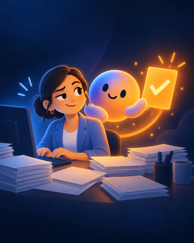 Pieza de Tecnozero: una contadora en su escritorio lleno de papeles y Nexo, la mascota, que le trae un documento aprobado
