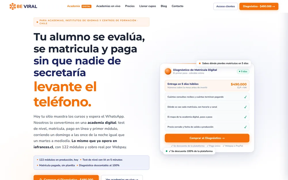Portada de beviral.cl, construida por la misma fábrica