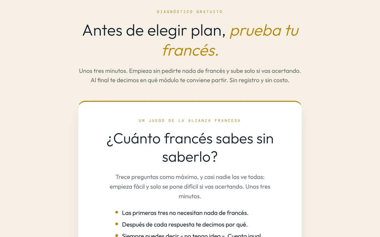 Test de nivel gratuito de iafrances.cl, corregido con IA en cinco minutos