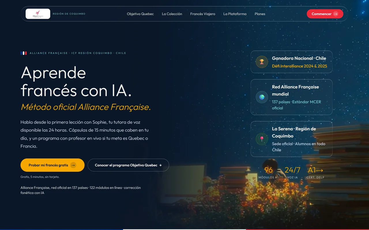 Portada de iafrances.cl, la academia de francés en línea de la Alianza Francesa de Coquimbo
